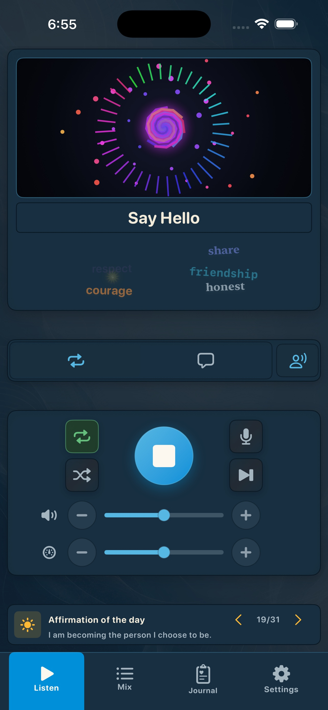 Brain Shift Listen screen with the Spinning visualizer responding to the audio.
